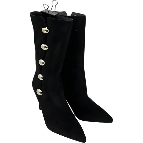 Katy Perry Ornament Pearl Button Stiletto Pointed Toe Boots Black 9M - Picture 4 of 6
